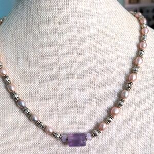 Genuine Pink Pearl & Amethyst Necklace. New, Natural Color, Silver 18", Dainty